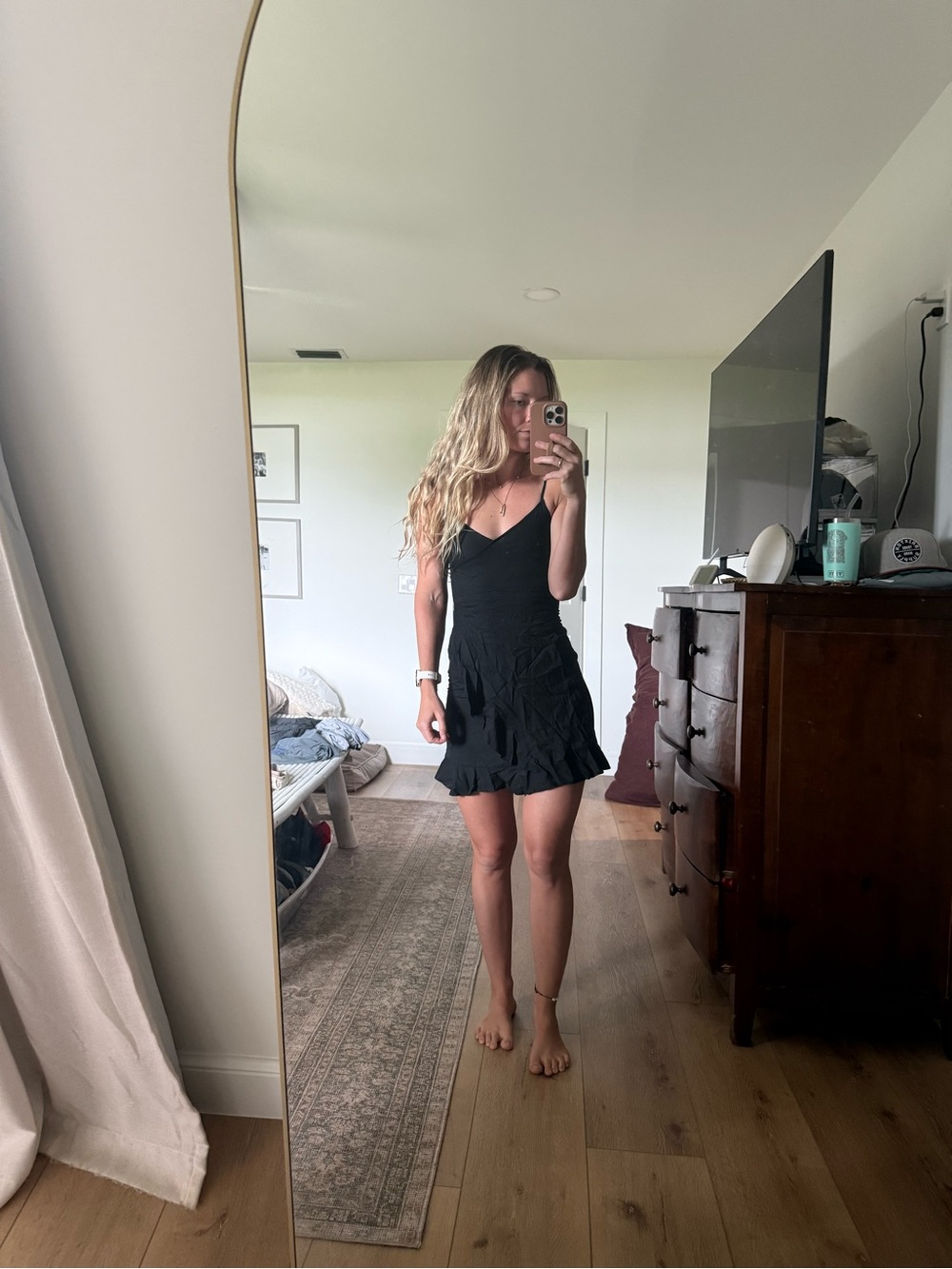 Divided Black Ruffle Mini Dress with V-Neck